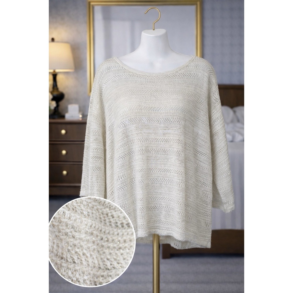 Chicos Open Knit Dolman Slv Sweater Pullover‎ Cream Silver Metallic Size 3 US XL